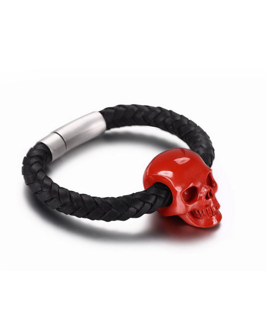 Gem Skull Bracelet of  Red Jasper Carved Skull with Genuine Leather