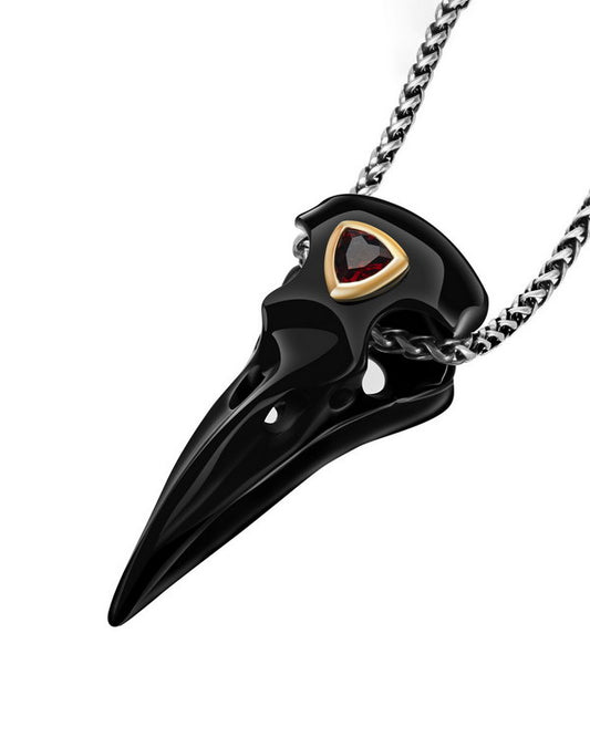 Gem Raven Pendant Necklace of Black Obsidian Carved Raven with Garnet Eye in 925 Sterling Silver