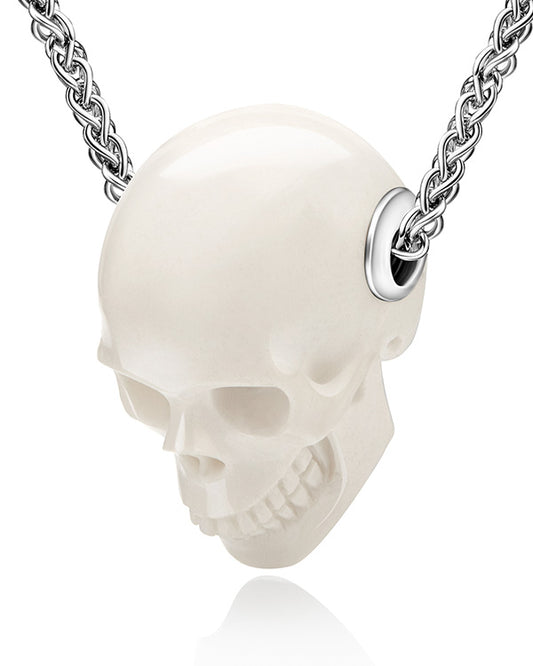 Gem Skull Pendant Necklace of White Jasper Carved Skull