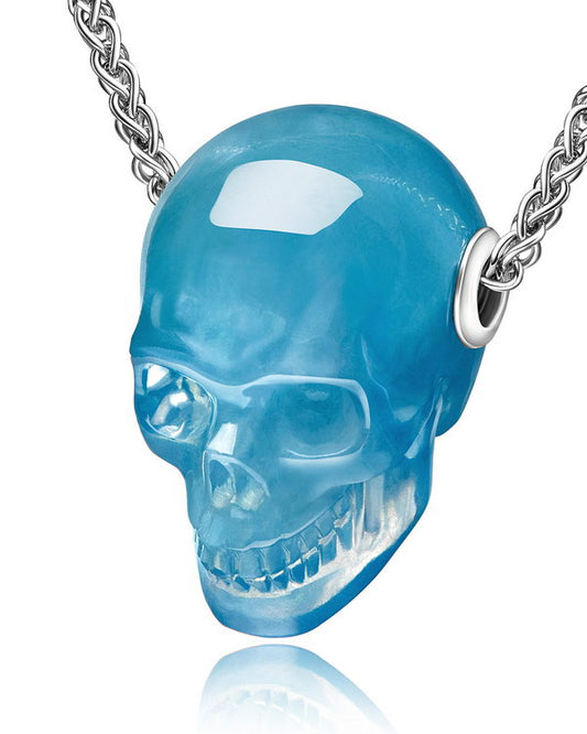 Gem Skull Pendant Necklace of Aquamarine Carved Skull