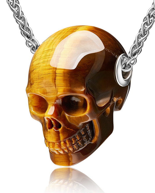 Skullis Signature Gold Tiger's Eye Gem Skull Pendant or Necklace, Hand Carved, Sterling Silver .925 Chain, for Women & Men