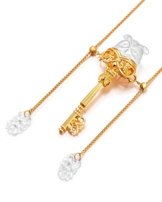 Gem Owl Pendant Necklace of Frosted Quartz Crystal Carved Owl in 18K Gold-Plated 925 Silver