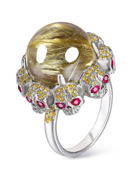 Gem Skull Ring of Rutilated Quartz Rock Carved with Ruby Eyes Skulls in 925 Sterling Silver