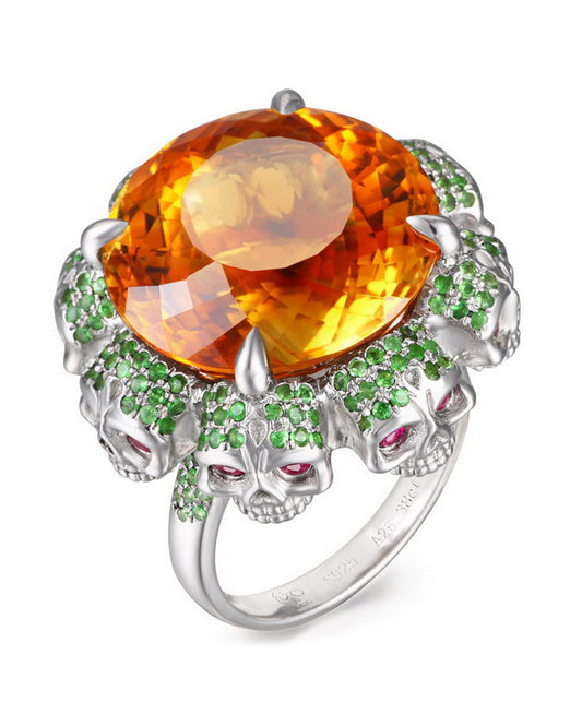 Gem Skull Ring of Round Cut Citrine Carved with Skull Ruby Eyes Skulls in 925 Sterling Silver