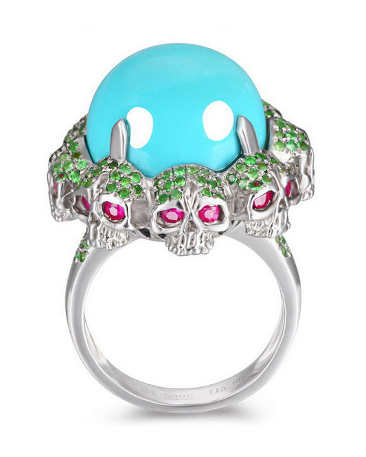 Gem Skull Ring of Round Cut Turquoise Carved with Ruby Eyes Skulls in 925 Sterling Silver