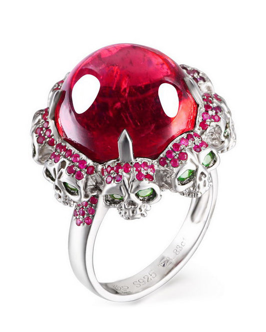 Gem Skull Ring of Round Cut Ruby Carved with Emerald Eyes Skulls in 925 Sterling Silver