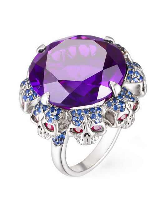 Gem Skull Ring of Round Cut Amethyst Carved with Skull Ruby Eyes Skulls in 925 Sterling Silver