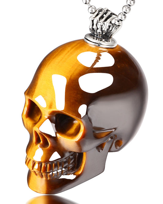 Gem Skull Pendant Necklace of Gold Tiger's Eye Carved Skull with Perfume Bottle in 925 Sterling Silver