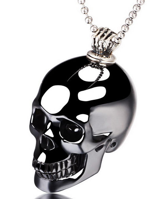 Gem Skull Pendant Necklace of Black Obsidian Carved Skull with Perfume Bottle Bail in 925 Sterling Silver