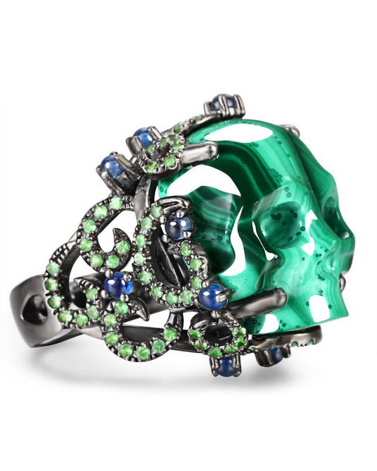 Gem Skull Ring of Malachite Crystal Carved Skull with Sapphire & Tsavorite in 925 Sterling Silver, US Size 7