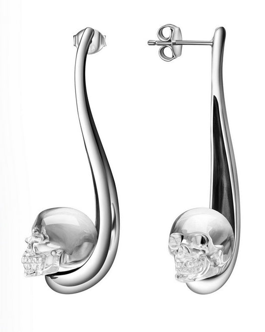 Gem Skull Earrings of Quartz Rock Crystal Carved Skull in 925 Sterling Silver