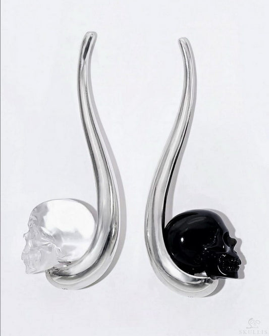 Gem Skull Earrings of Black Obsidian & Quartz Rock Crystal Carved Skull in 925 Sterling Silver