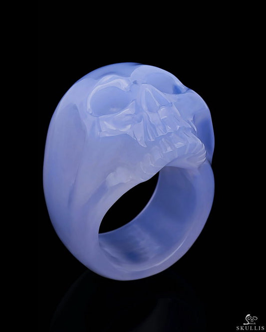 Whole Gem Skull Ring, Blue Chalcedony Carved Totally