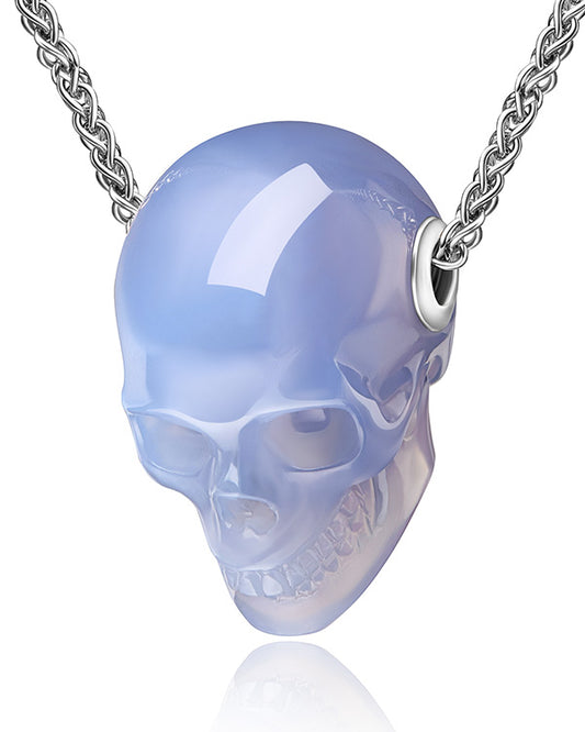 Gem Skull Pendant Necklace of Blue Chalcedony Carved Skull in 925 Sterling Silver