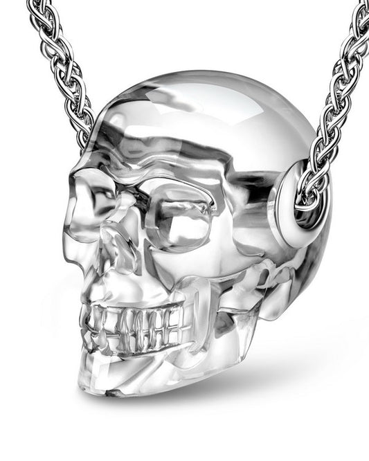 Skullis Signature Quartz Rock Crystal Gem Skull Pendant or Necklace, Hand Carved, Sterling Silver 925 Chain, for Women & Men