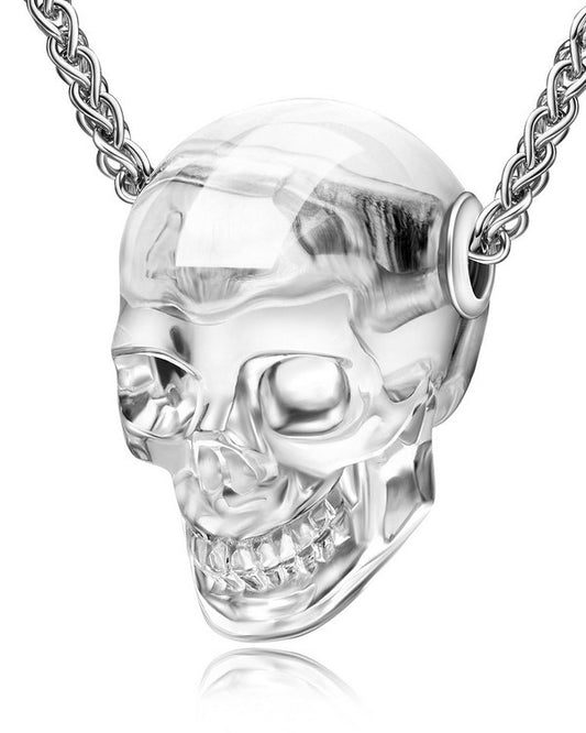 Gem Skull Pendant Necklace of Quartz Rock Crystal Carved Skull in Blackened Sterling Silver