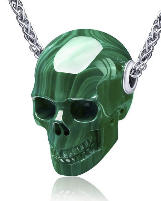 Skullis Signature Malachite Gem Skull Pendant or Necklace, Hand Carved, Sterling Silver 925 Chain, for Women & Men