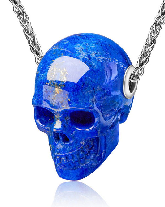 Skullis Signature Lapis Lazuli Gem Skull Pendant or Necklace, Hand Carved, Sterling Silver .925 Chain, for Women & Men