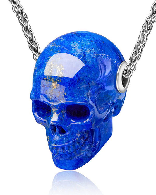 Gem Skull Pendant Necklace of Lapis Lazuli Carved Skull in Blackened Sterling Silver