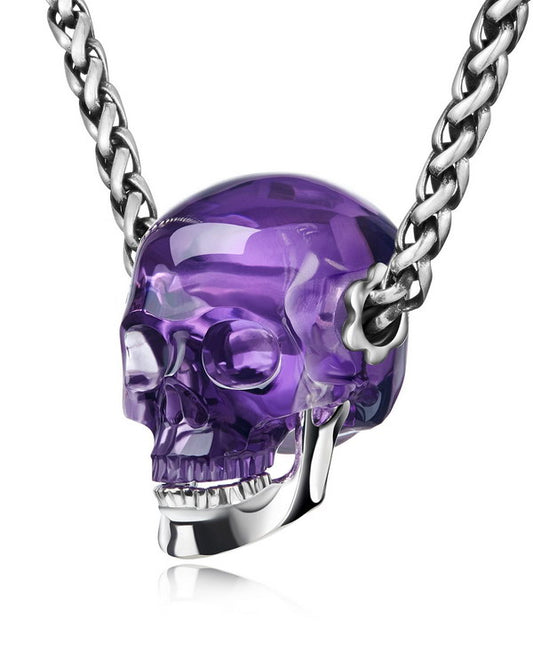Gem Skull Pendant Necklace of  Amethyst Crystal Carved Skull with Detachable Silver Jaw in Sterling Silver