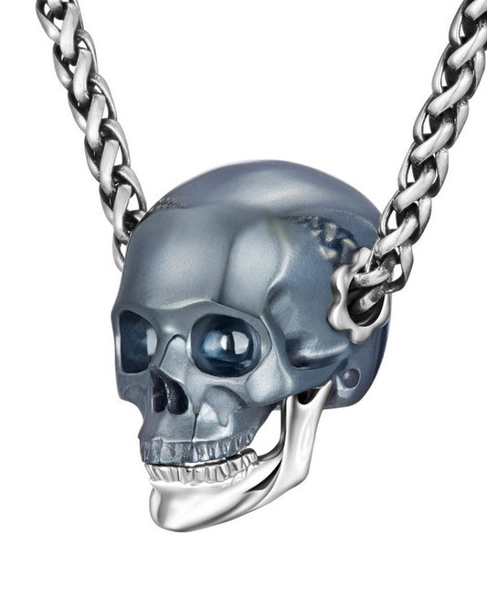 Gem Skull Pendant Necklace of Hematite Carved Skull with Detachable Silver Jaw in Sterling Silver
