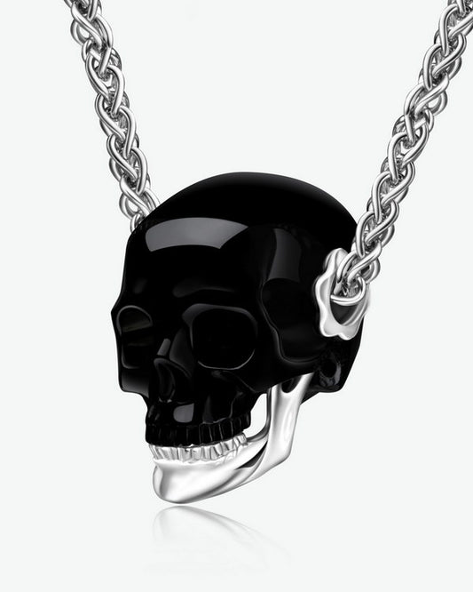 Gem Skull Pendant Necklace of Black Obsidian Carved Skull with Detachable Silver Jaw in 925 Sterling Silver