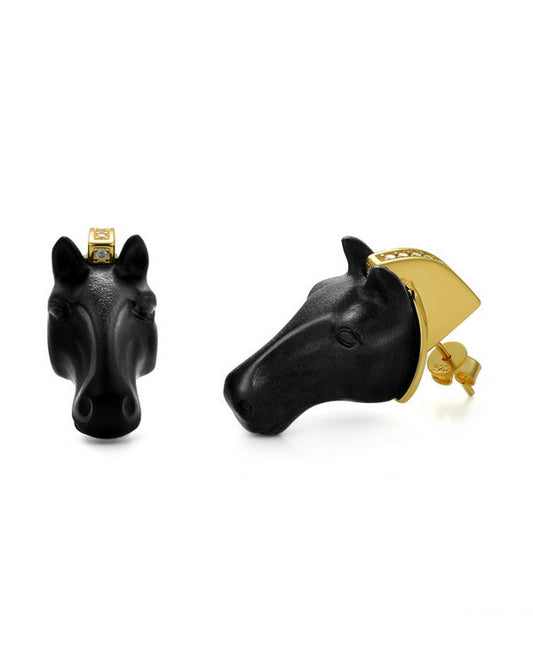 Gem Earrings of Black Obsidian Carved Horse Head