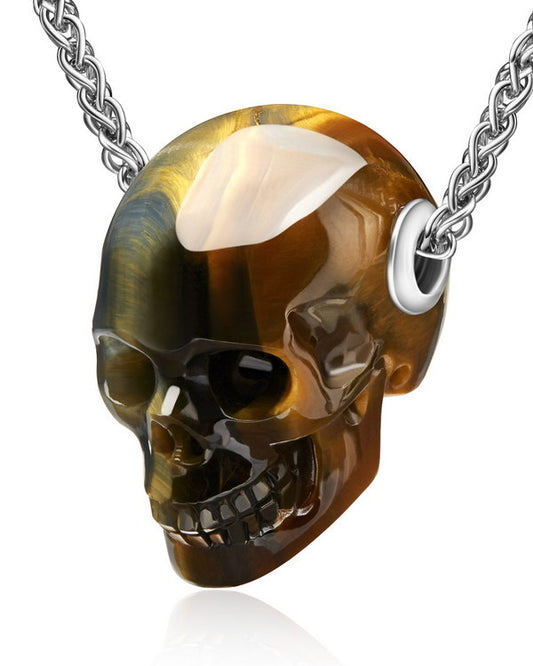 Skullis Signature Blue & Gold Tiger's Eye Gem Skull Pendant or Necklace, Hand Carved, Sterling Silver .925 Chain, for Women & Men