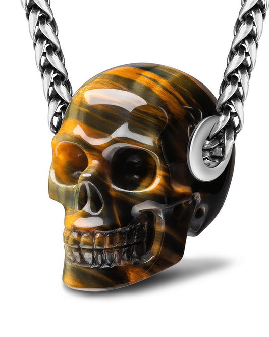 Skullis Signature Blue & Gold Tiger's Eye Gem Skull Pendant or Necklace, Hand Carved, Sterling Silver 925 Chain, for Women & Men
