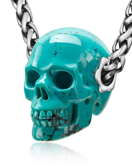 Gem Skull Pendant Necklace of Turquoise Carved Skull