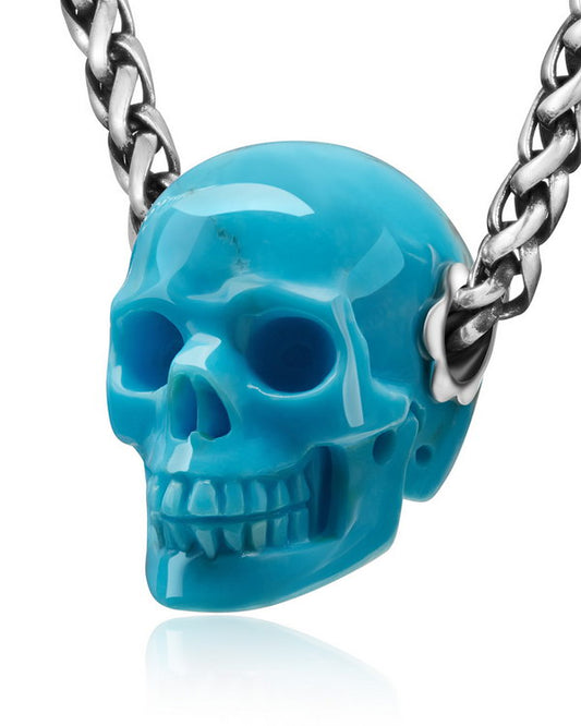 Skullis Signature Turquoise Gem Skull Pendant or Necklace, Hand Carved, Sterling Silver .925 Chain, for Women & Men