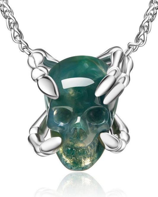 Gem Skull Pendant Necklace of Green Moss Agate Carved Skull with Skeleton Fingers in 925 Sterling Silvering