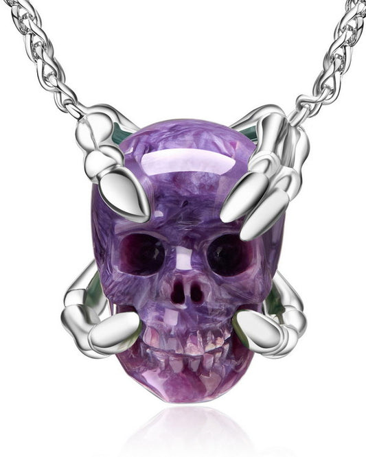 Gem Skull Pendant Necklace of Russian Charoite Carved Skull with Skeleton Fingers in Sterling Sterling Silver