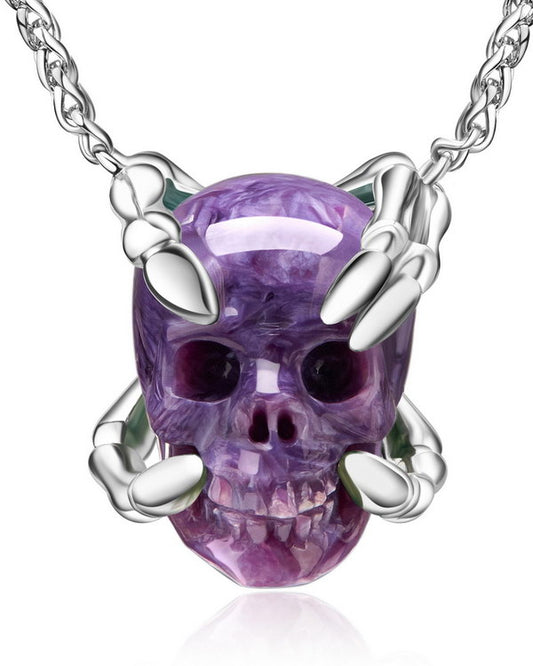 Gem Skull Pendant Necklace of Russian Charoite Carved Skull with Skeleton Fingers in Sterling Sterling Silver