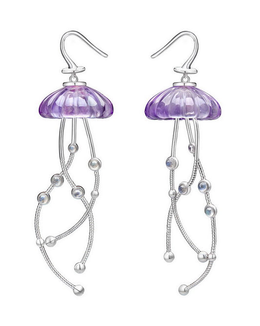 Gem Earrings of Amethyst Carved Jellyfish with Moonstone, 925 Sterling Silver