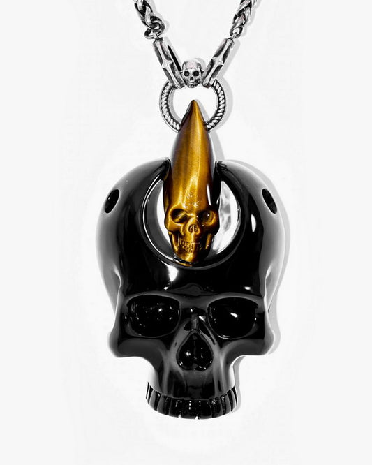 Gem Skull Pendant Necklace of Black Obsidian & Gold Tiger Eye Carved