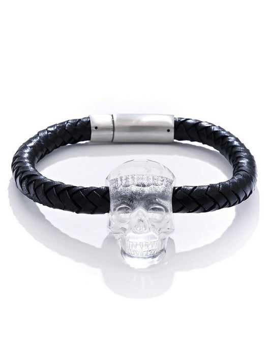 Gem Skull Bracelet of Quartz Rock Crystal Carved Skull in Genuine Leather