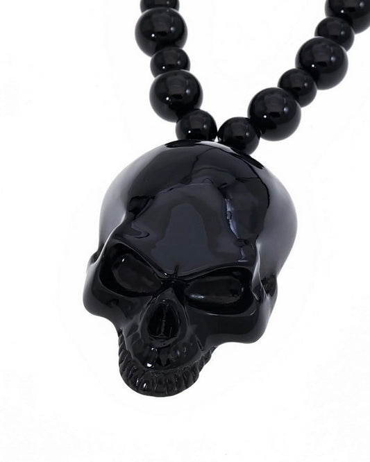Gem Skull Pendant Necklace of Black Obsidian Carved Skull and Beads
