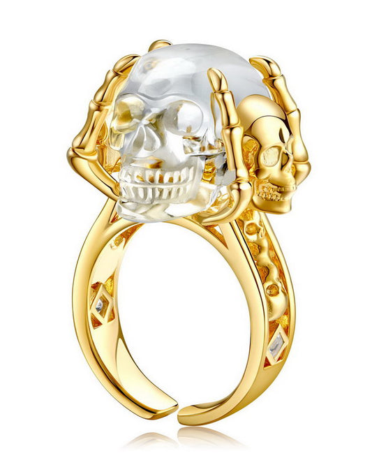 Gem Skull Ring of Quartz Rock Crystal Carved Skull in 18k Gold-Plate Silver