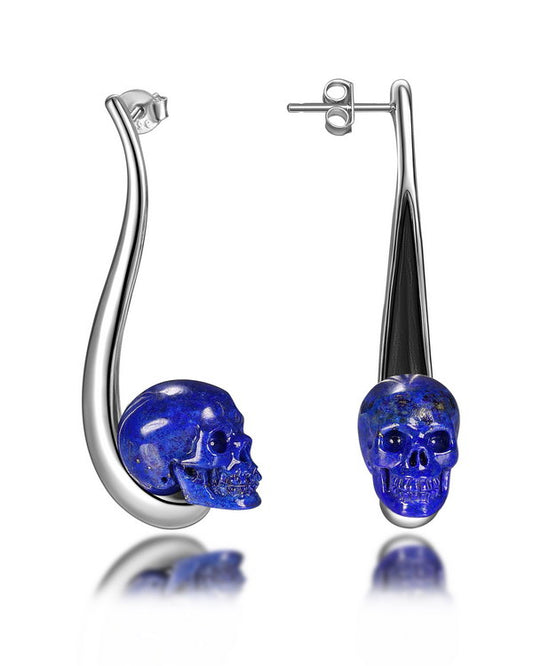 Gem Skull Earrings of Lapis Lazuli Carved Skull in 925 Sterling Silver