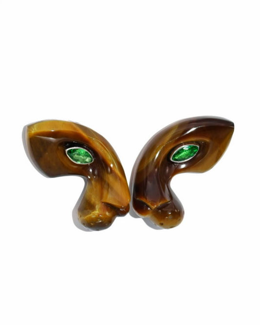 Gem Earrings of Gold Tiger's Eye Carved Leopard Head with Emerald  Eyes