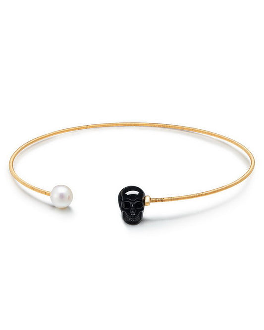 Gem Skull Pendant Necklace of Black Obsidian & Pearl