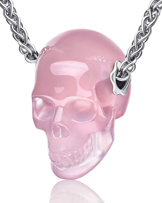 Skullis Signature Rose Quartz Gem Skull Pendant or Necklace, Hand Carved, Sterling Silver 925 Chain, for Women & Men