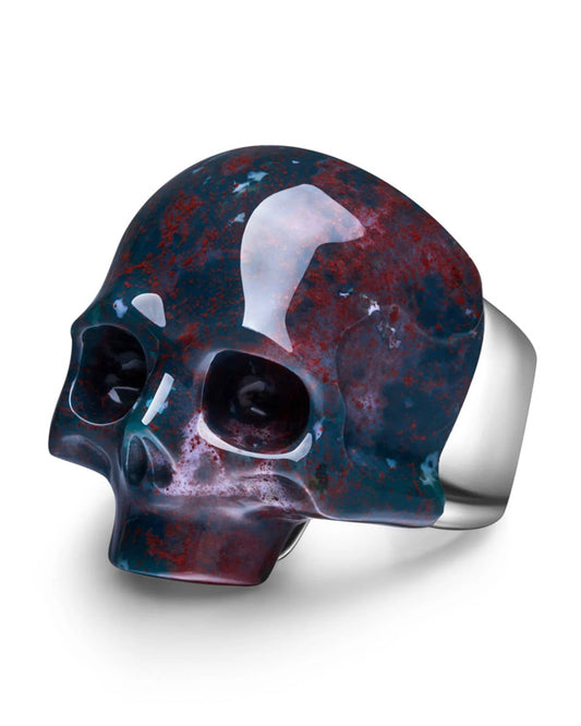 Skullis Signature Bloodstone Gem Skull Ring, Hand Carved, Sterling Silver, for Women & Men