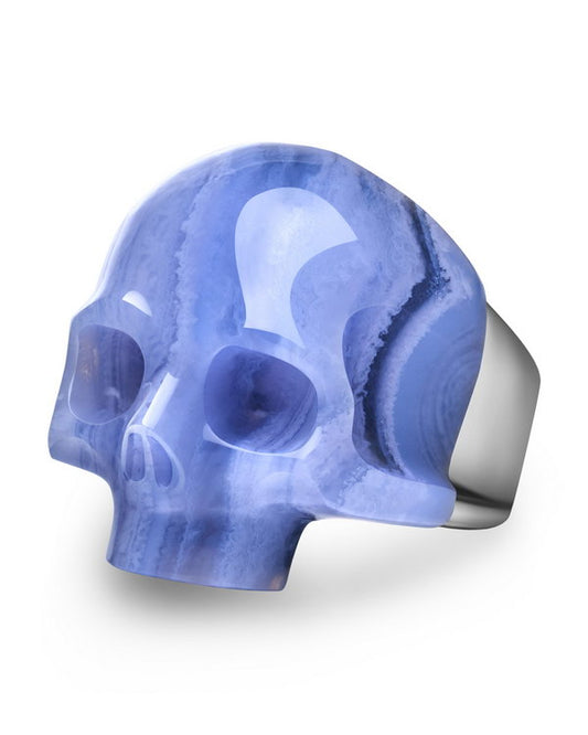 Skullis Signature Blue Lace Agate Gem Skull Ring, Hand Carved, Sterling Silver, for Women & Men