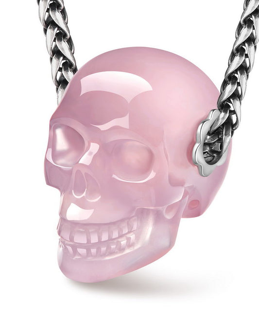 Skullis Signature Rose Quartz Gem Skull Pendant or Necklace, Hand Carved, Sterling Silver 925 Chain, for Women & Men