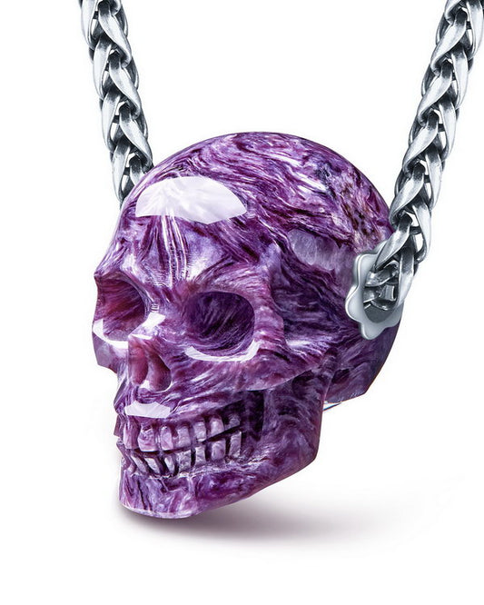 Skullis Signature Russian Charoite Gem Skull Pendant or Necklace, Hand Carved, Sterling Silver 925 Chain, for Women & Men