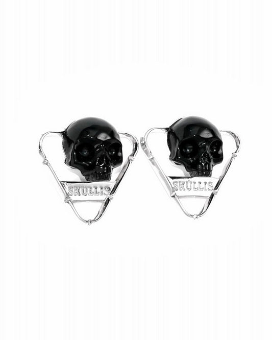 Gem Skull Earrings of Black Obsidian Carved Skull in 925 Sterling Silver