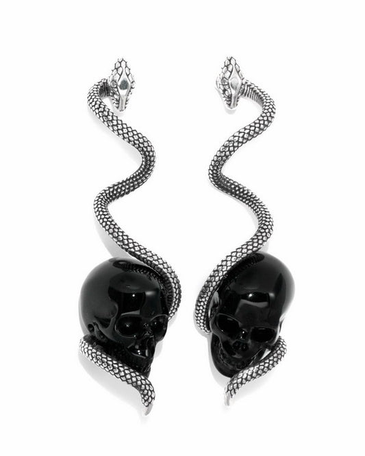 Gem Skull Earrings of Black Obsidian Carved Skull with 925 Sterling Silver Snake