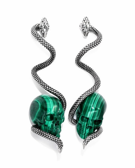 Gem Skull Earrings of Malachite Carved Skull with 925 Sterling Silver Snake